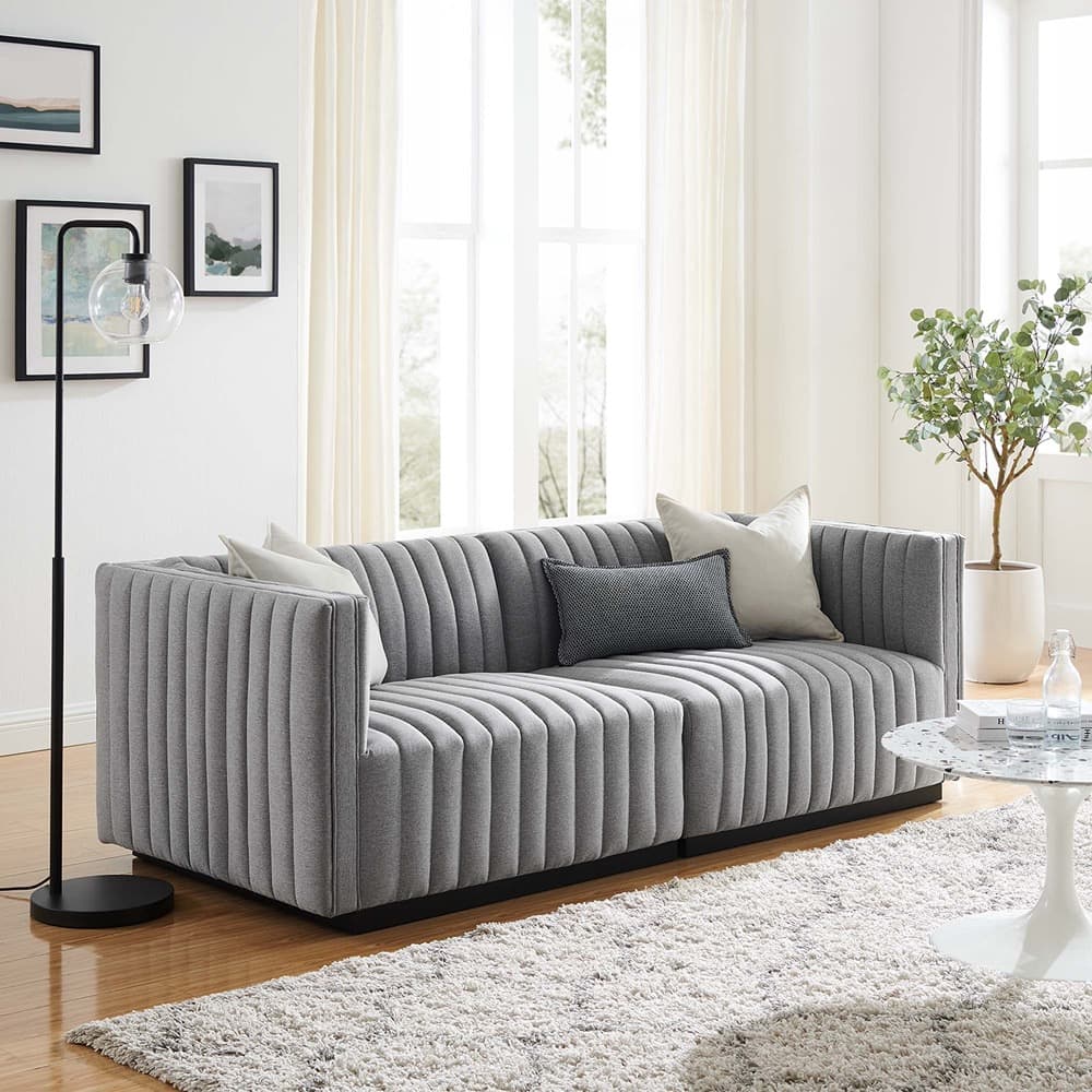 Conjure Channel Tufted Upholstered Fabric Loveseat in Black Light Gray by Modway - Image 10