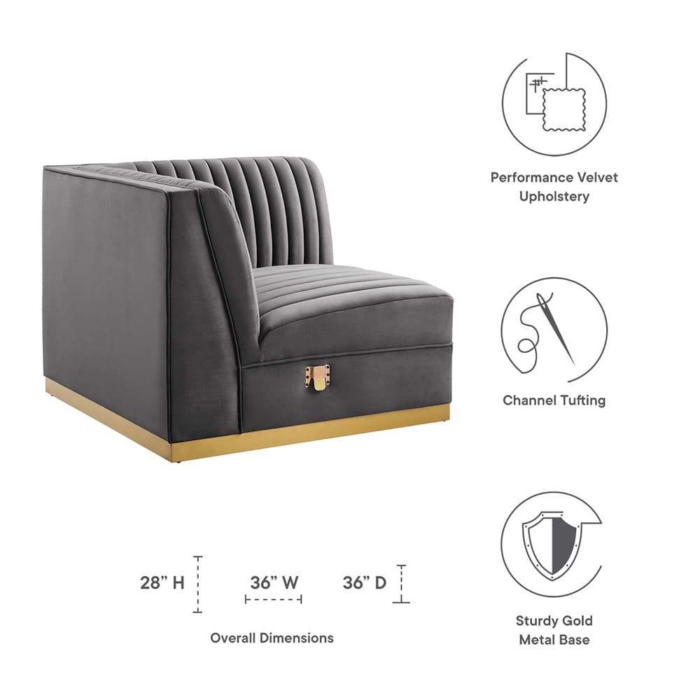 Sanguine Channel Tufted Performance Velvet Modular Sectional Sofa Right Corner Chair in Gray by Modway - Image 2
