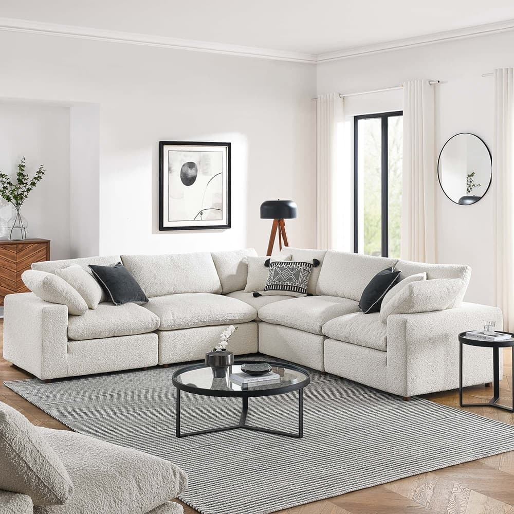 Commix 5-Piece Down Filled Overstuffed Boucle Sectional Sofa in Ivory by Modway - Image 4