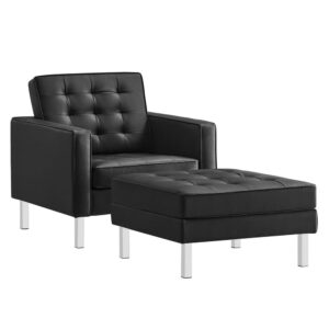 Loft Tufted Vegan Leather Armchair and Ottoman Set in Silver Black by Modway