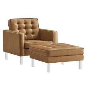 Loft Tufted Vegan Leather Armchair and Ottoman Set in Silver Tan by Modway
