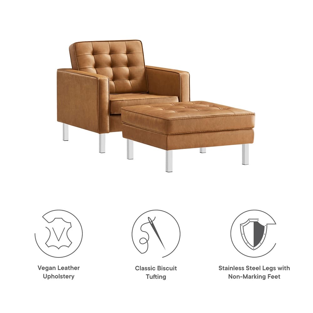 Loft Tufted Vegan Leather Armchair and Ottoman Set in Silver Tan by Modway - Image 2