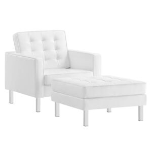 Loft Tufted Vegan Leather Armchair and Ottoman Set in Silver White by Modway