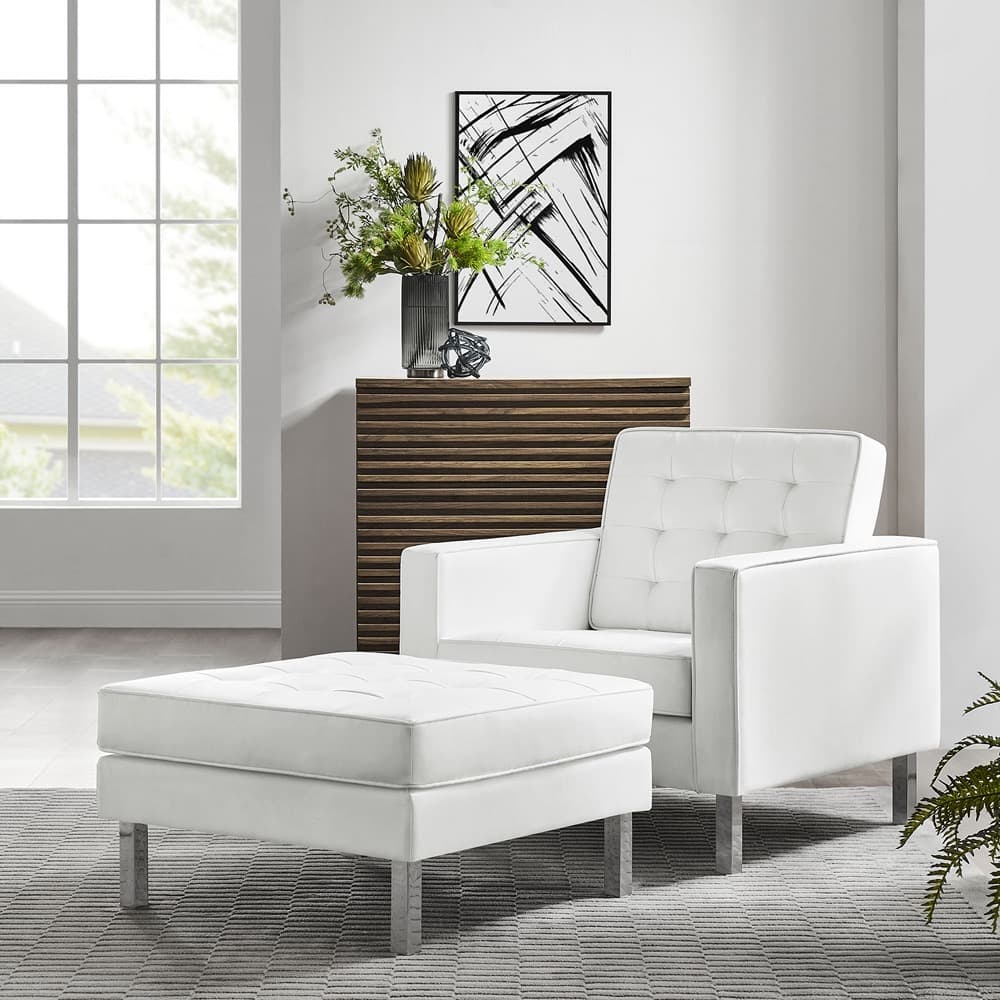 Loft Tufted Vegan Leather Armchair and Ottoman Set in Silver White by Modway - Image 10