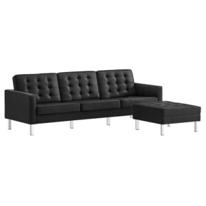 Loft Tufted Vegan Leather Sofa and Ottoman Set in Silver Black by Modway