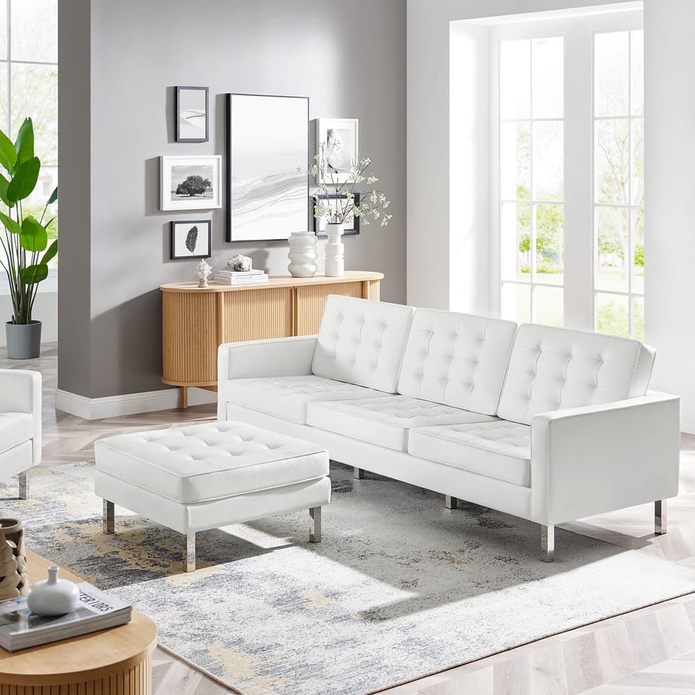 Loft Tufted Vegan Leather Sofa and Ottoman Set in Silver White by Modway - Image 10