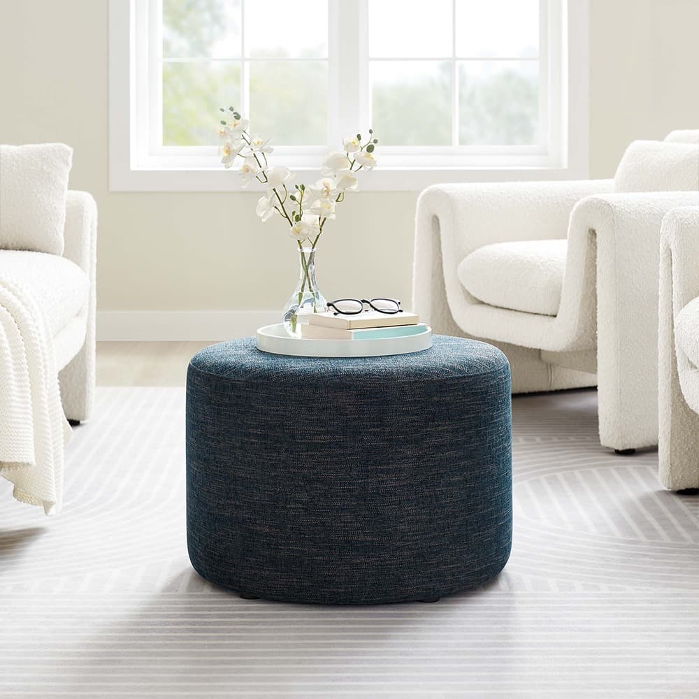 Callum Large 23" Round Woven Heathered Fabric Upholstered Ottoman in Heathered Weave Azure by Modway - Image 7