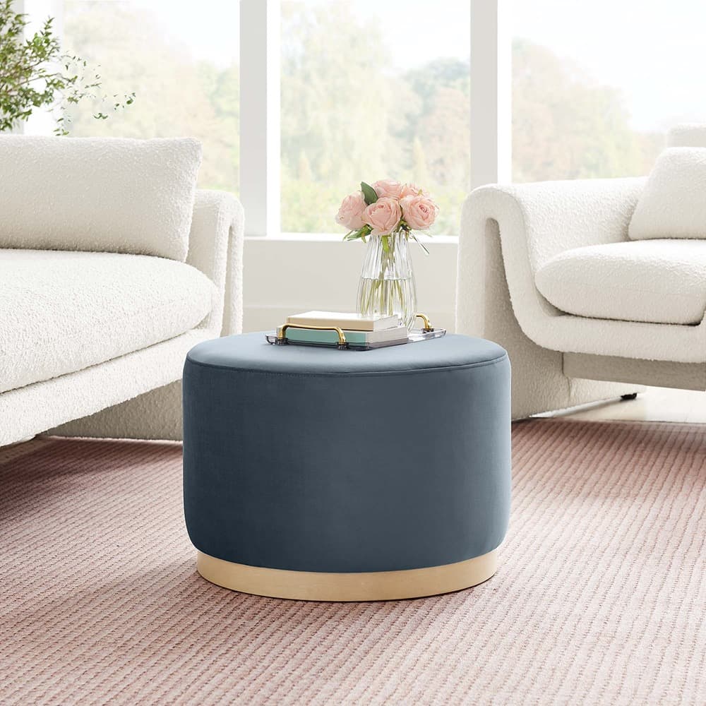 Tilden Large 23" Round Performance Velvet Upholstered Ottoman in Cadet Blue Natural by Modway - Image 7