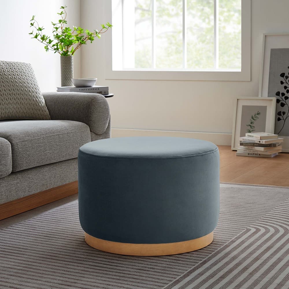 Tilden Large 23" Round Performance Velvet Upholstered Ottoman in Cadet Blue Natural by Modway - Image 6