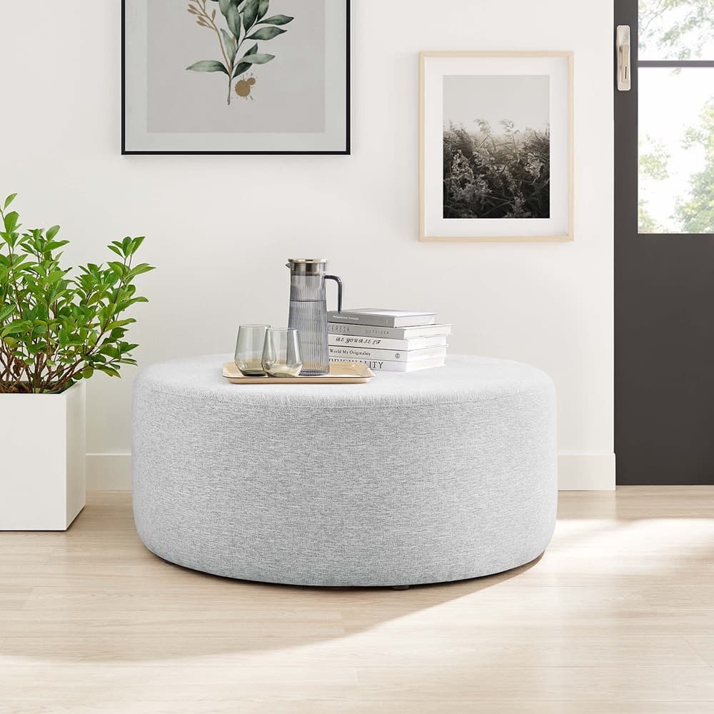 Callum Large 38" Round Woven Heathered Fabric Upholstered Ottoman in Heathered Weave Light Gray by Modway - Image 6