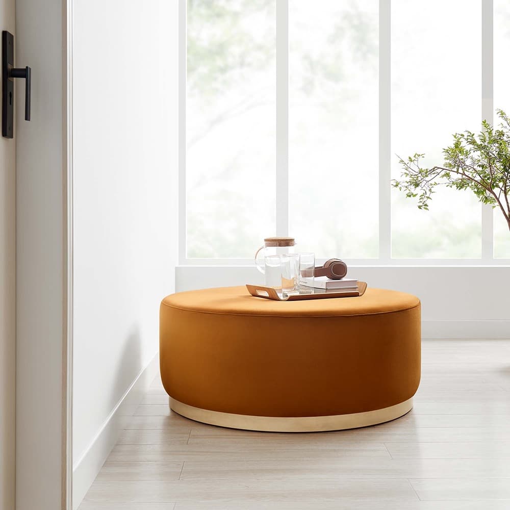 Tilden Large 38" Round Performance Velvet Upholstered Ottoman in Rust Natural by Modway - Image 6