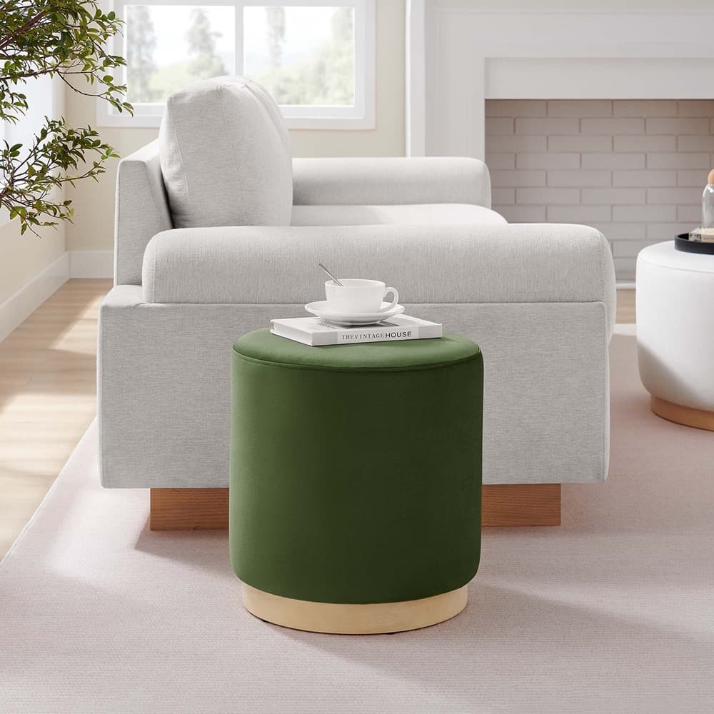 Tilden 16" Round Performance Velvet Upholstered Ottoman in Moss Green Natural by Modway - Image 7