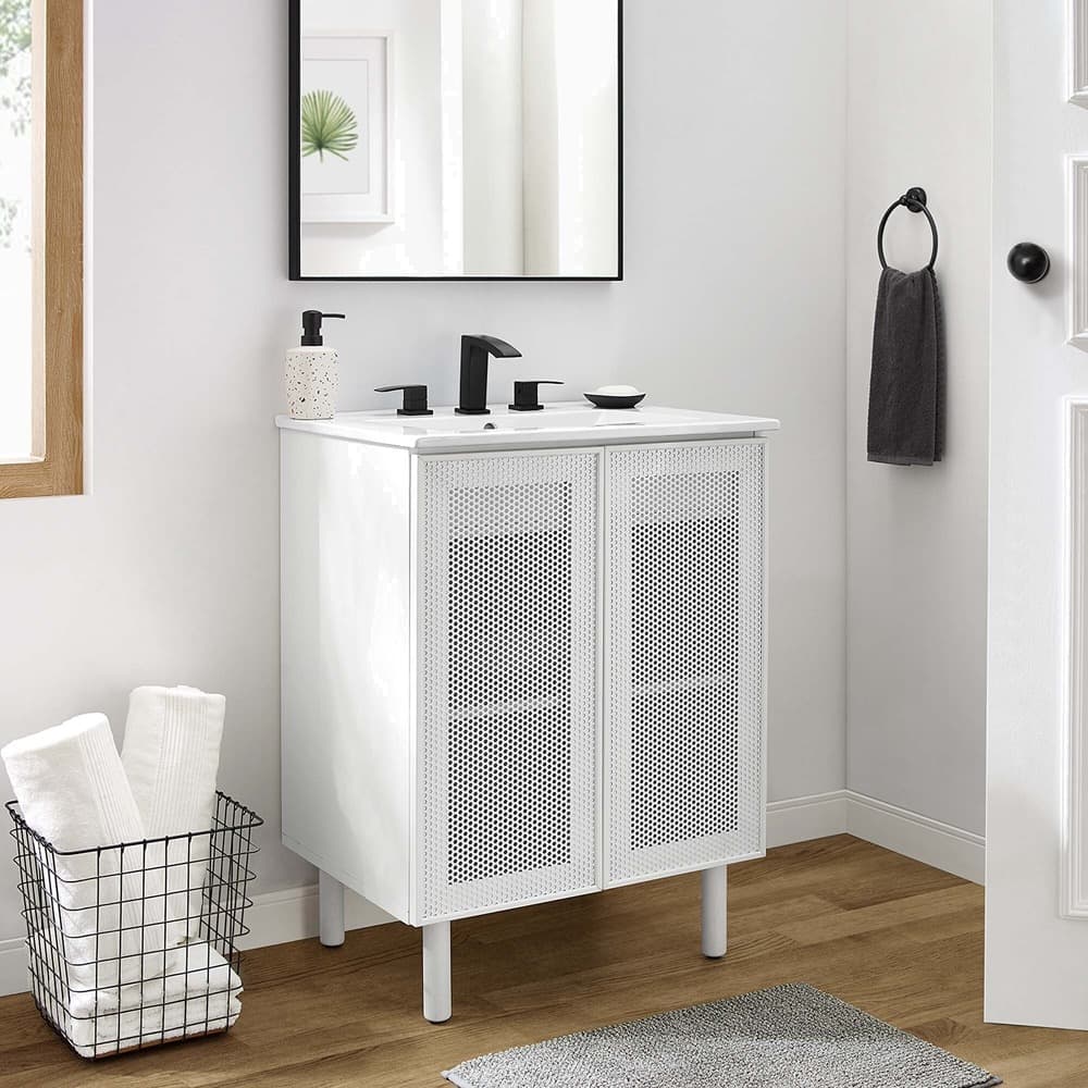 Calla 24" Perforated Metal Bathroom Vanity in White White by Modway - Image 10