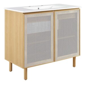 Calla 36" Perforated Metal Bathroom Vanity in White Oak by Modway
