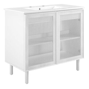 Calla 36" Perforated Metal Bathroom Vanity in White White by Modway