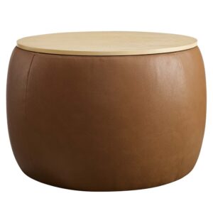Perla Round Vegan Leather Storage Ottoman in Tan by Modway