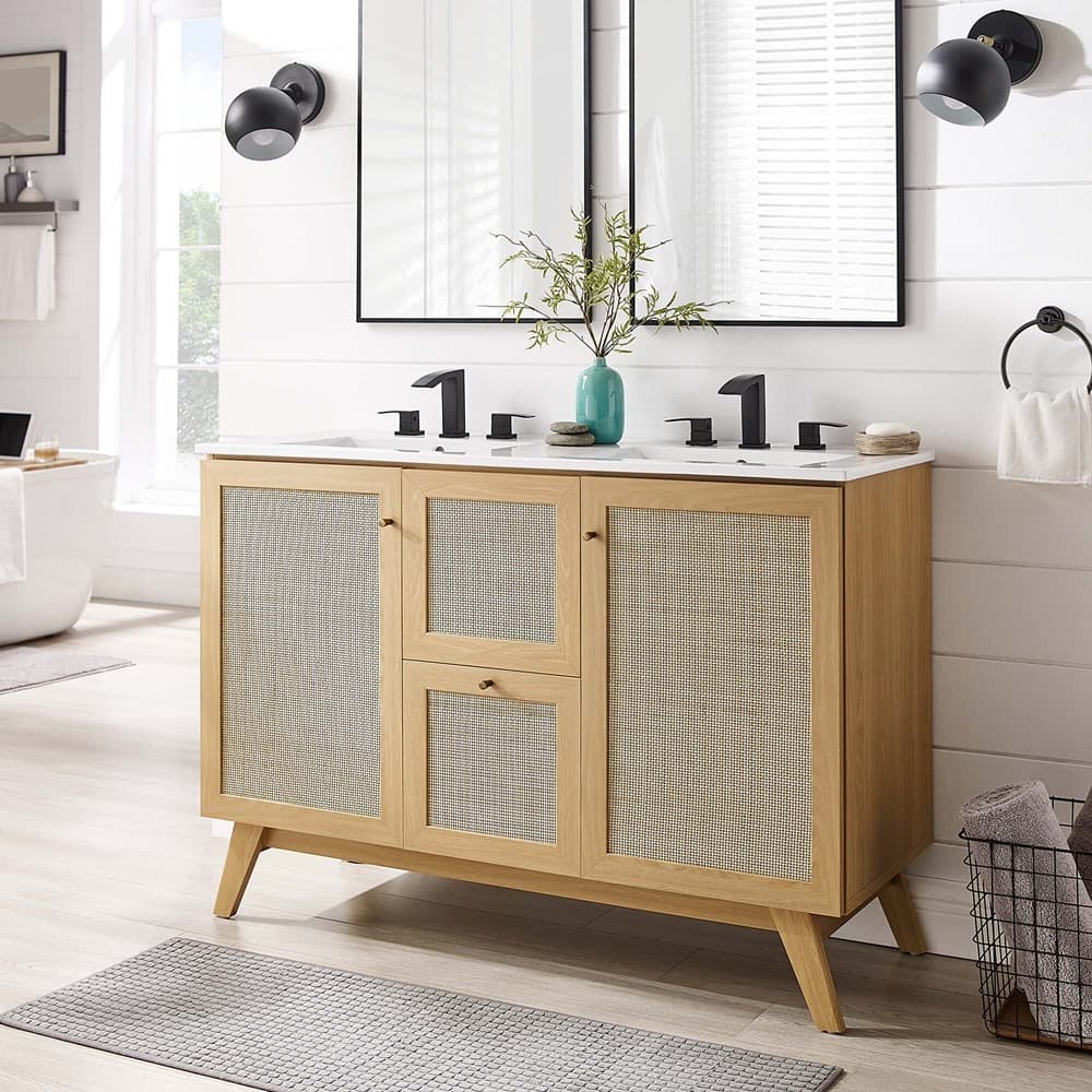 Soma 48" Double Sink Bathroom Vanity in Oak White by Modway - Image 16