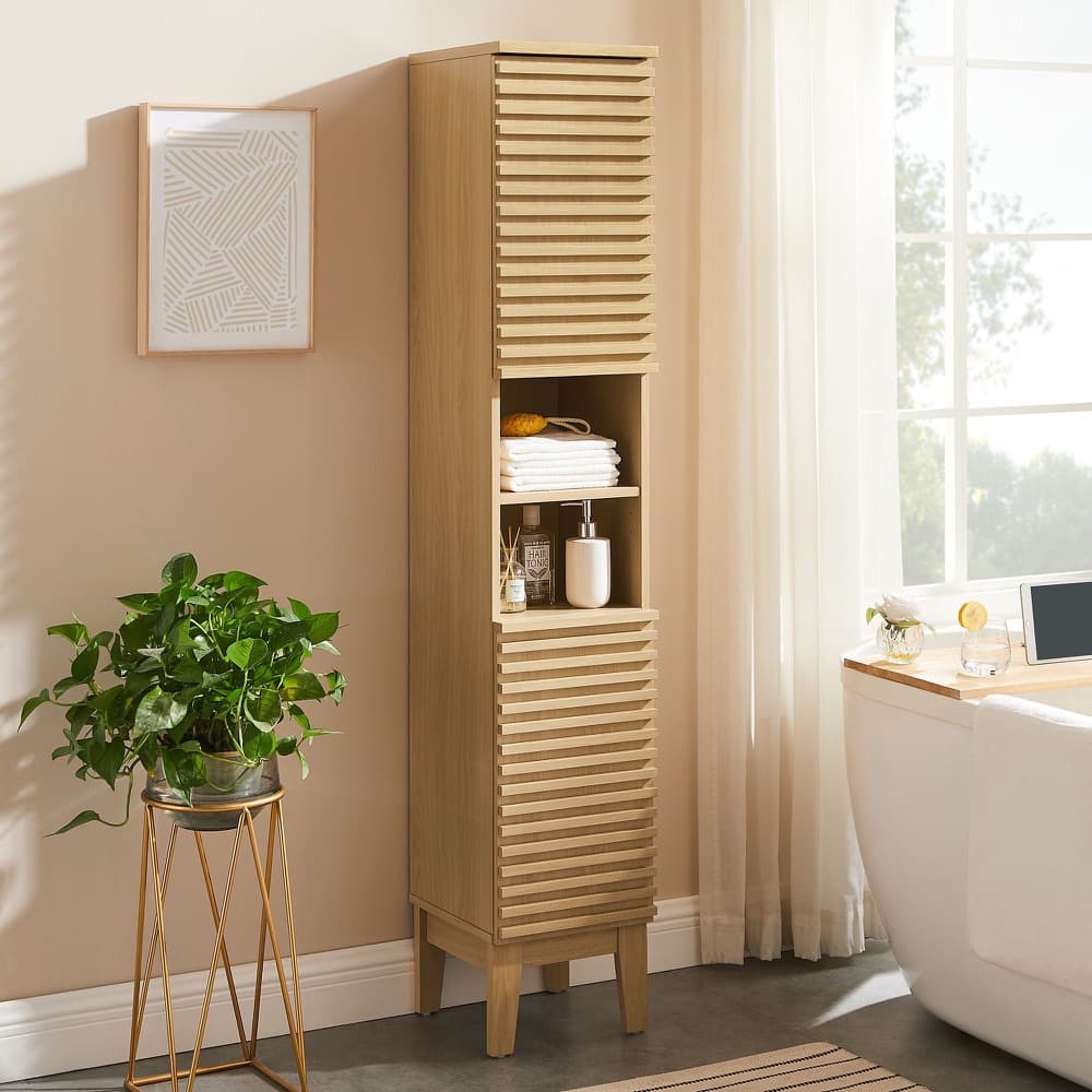 Render Tall Narrow Bathroom Storage Cabinet in Oak by Modway - Image 9