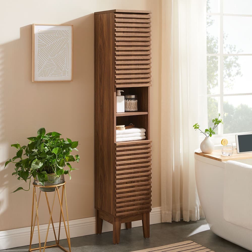 Render Tall Narrow Bathroom Storage Cabinet in Walnut by Modway - Image 9