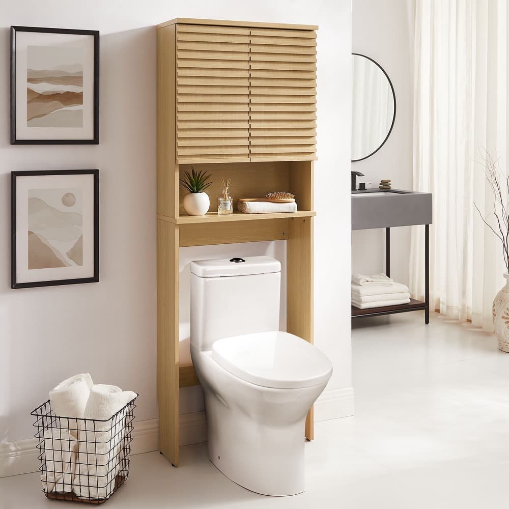 Render Over the Toilet Bathroom Storage Cabinet in Oak by Modway - Image 8