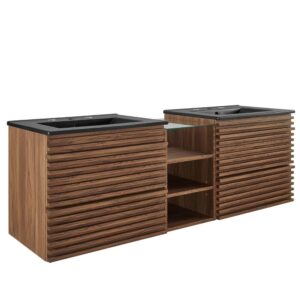 Render 62" Wall-Mount Double Sink Bathroom Vanity in Walnut Black by Modway