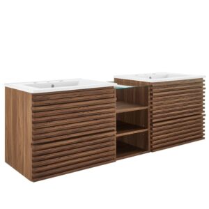 Render 62" Wall-Mount Double Sink Bathroom Vanity in Walnut White by Modway