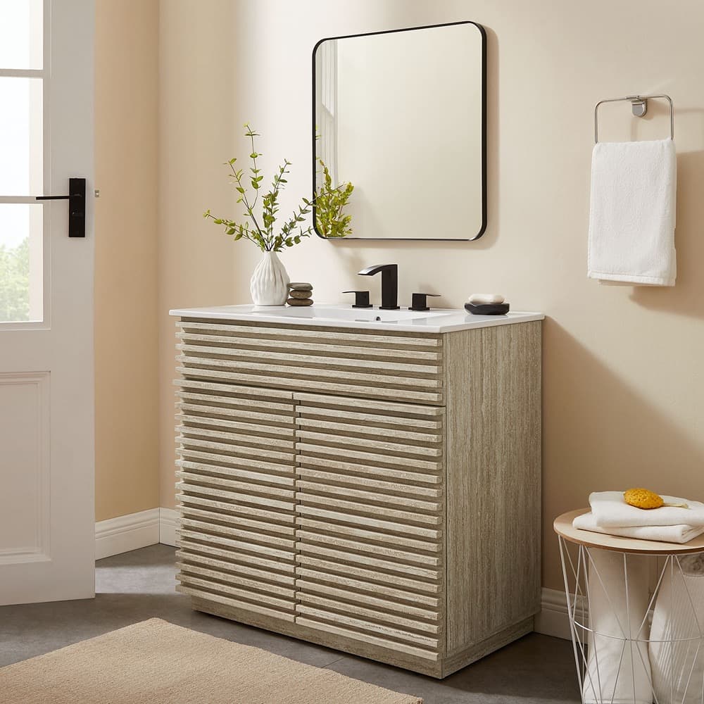 Render 36" Faux Travertine Bathroom Vanity Cabinet (Sink Not Included) in Travertine by Modway - Image 9