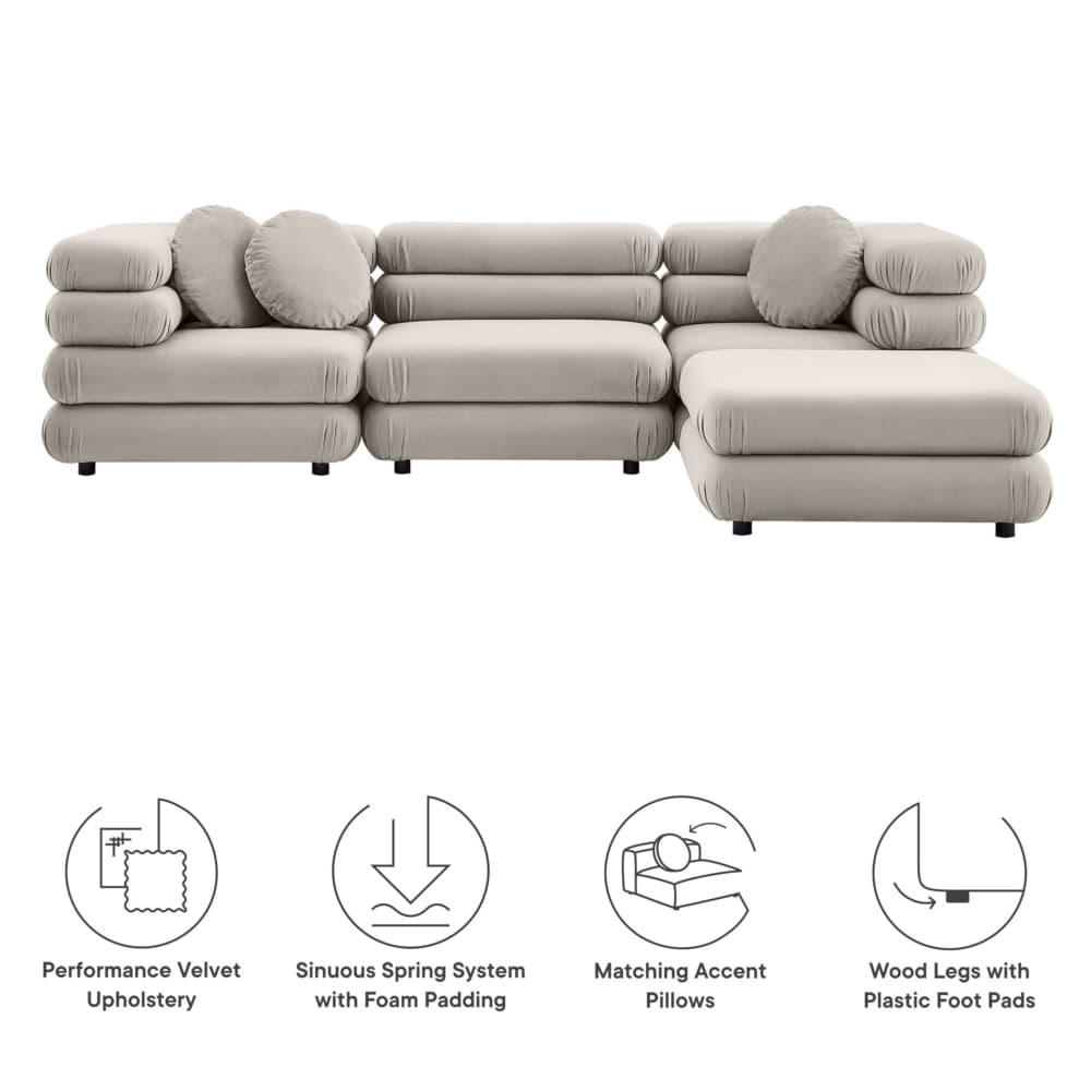 Jubilee 4-Piece Modular Performance Velvet Sectional Sofa in Almond by Modway - Image 2