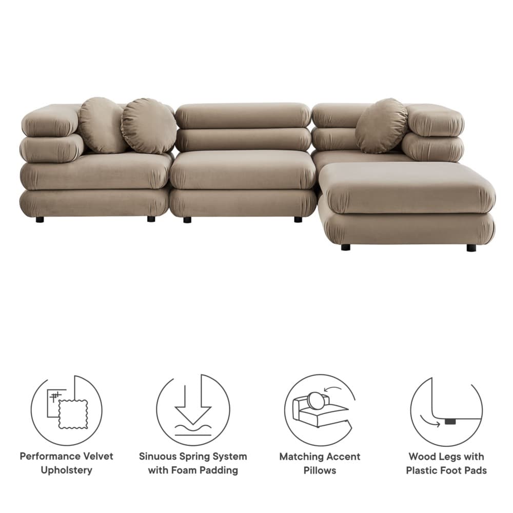 Jubilee 4-Piece Modular Performance Velvet Sectional Sofa in Taupe by Modway - Image 2