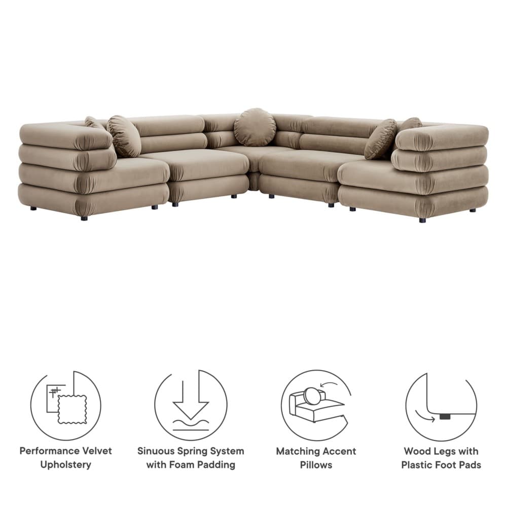 Jubilee 5-Piece Modular Performance Velvet Sectional Sofa in Taupe by Modway - Image 2