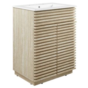 Render 24" Faux Travertine Bathroom Vanity With Sink in White by Modway