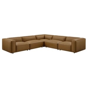 Auren 5-Piece Upholstered Vegan Leather Modular L-Shaped Sofa in Camel by Modway