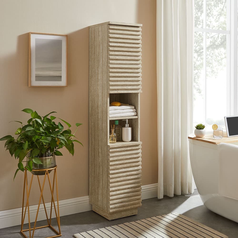 Render Tall Narrow Faux Travertine Linen Storage Cabinet in Travertine by Modway - Image 9