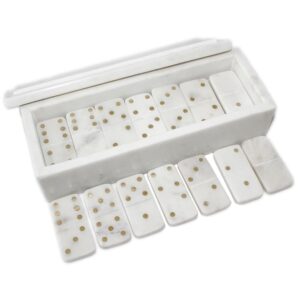 White Marble Dominoes Set with Inlaid Brass Dots by BIDKhome