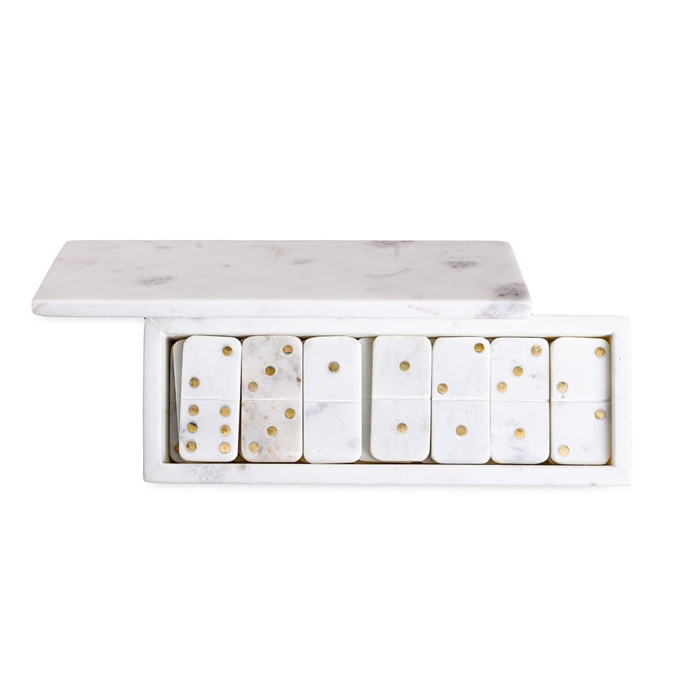 White Marble Dominoes Set with Inlaid Brass Dots by BIDKhome - Image 3