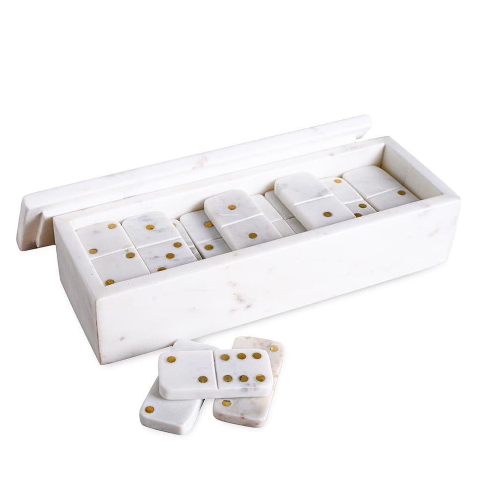 White Marble Dominoes Set with Inlaid Brass Dots by BIDKhome - Image 4