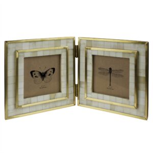 White Bone with Brass Border 4 x 4 Double Frame by HomArt