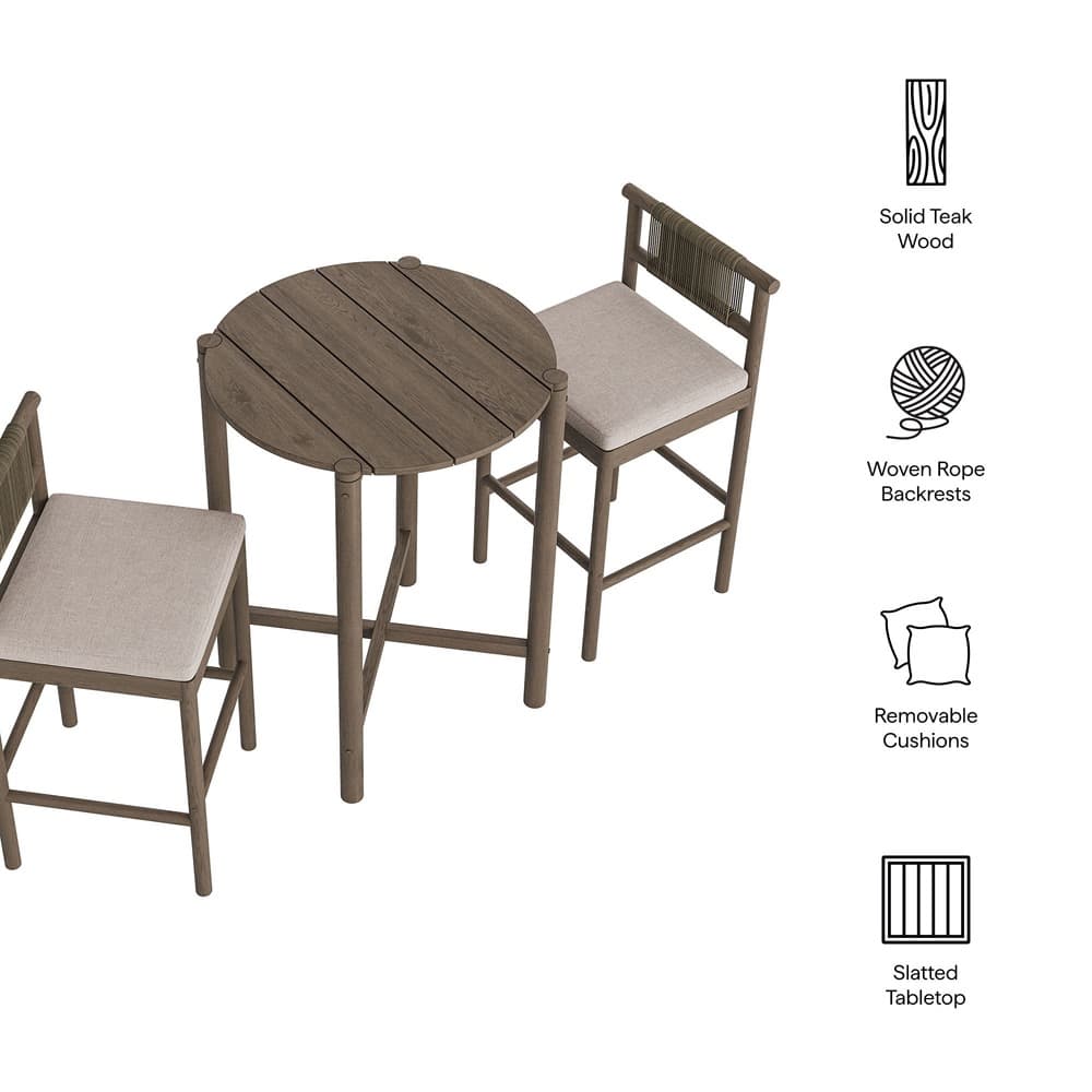 Eleni 3-Piece Outdoor Patio Teak Wood Bar Set by Modway - Image 2