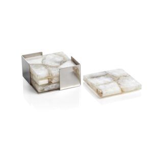 Crete Agate Coasters on Alloy Tray Set of 4 in Taupe/White by Zodax