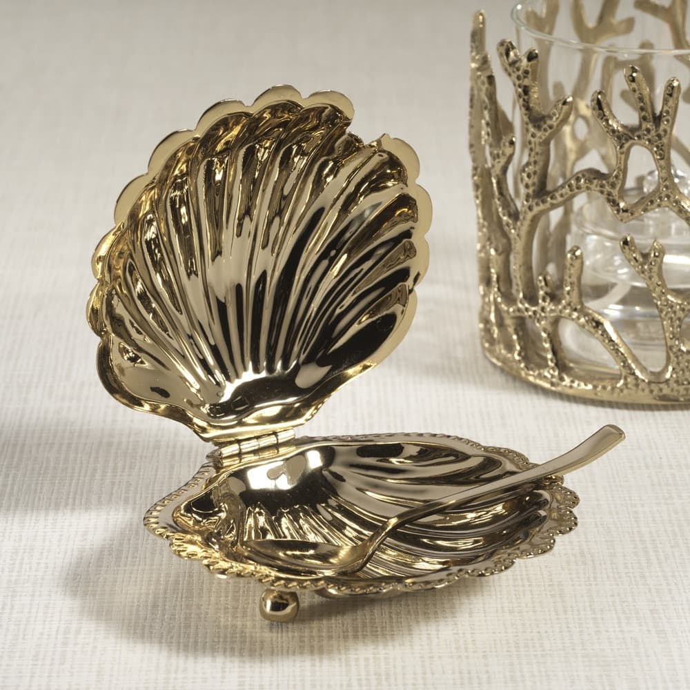 Cap Ferrat Fan Shell Lidded Bowl with Spoon in Polished Gold by Zodax - Image 2