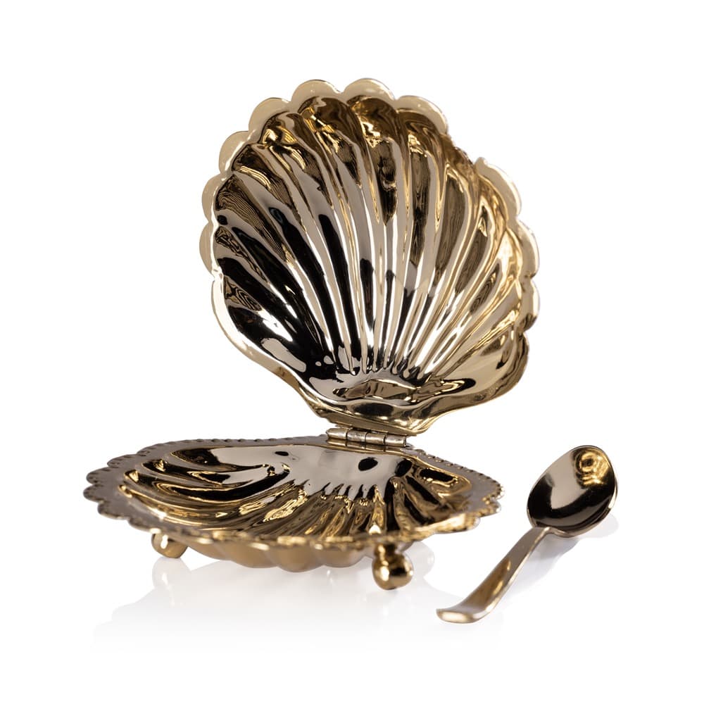 Cap Ferrat Fan Shell Lidded Bowl with Spoon in Polished Gold by Zodax